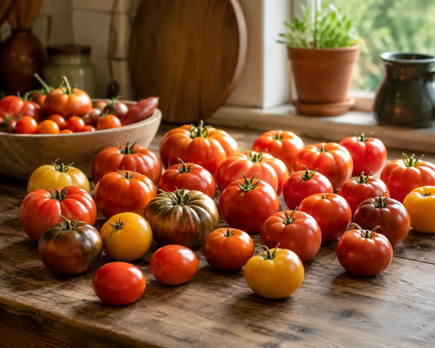 Freshly picked tomatoes stored on a kitchen table at room temperature.