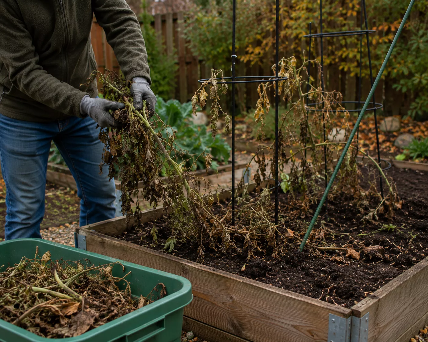 Gardener cleaning old tomato plants from a raised bed at the end of the season.