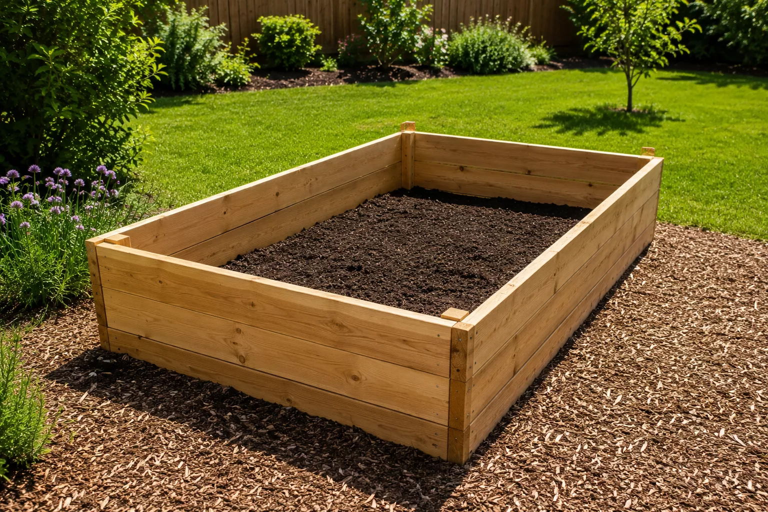 Empty wooden raised bed in a sunny garden location.