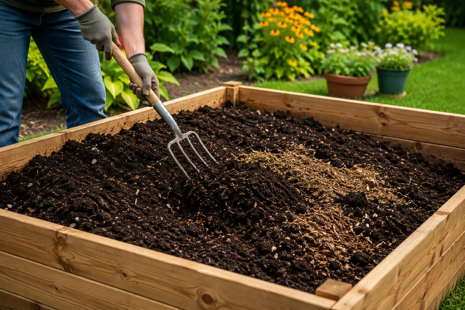 Gardener mixing compost and soil in a raised bed for tomatoes.