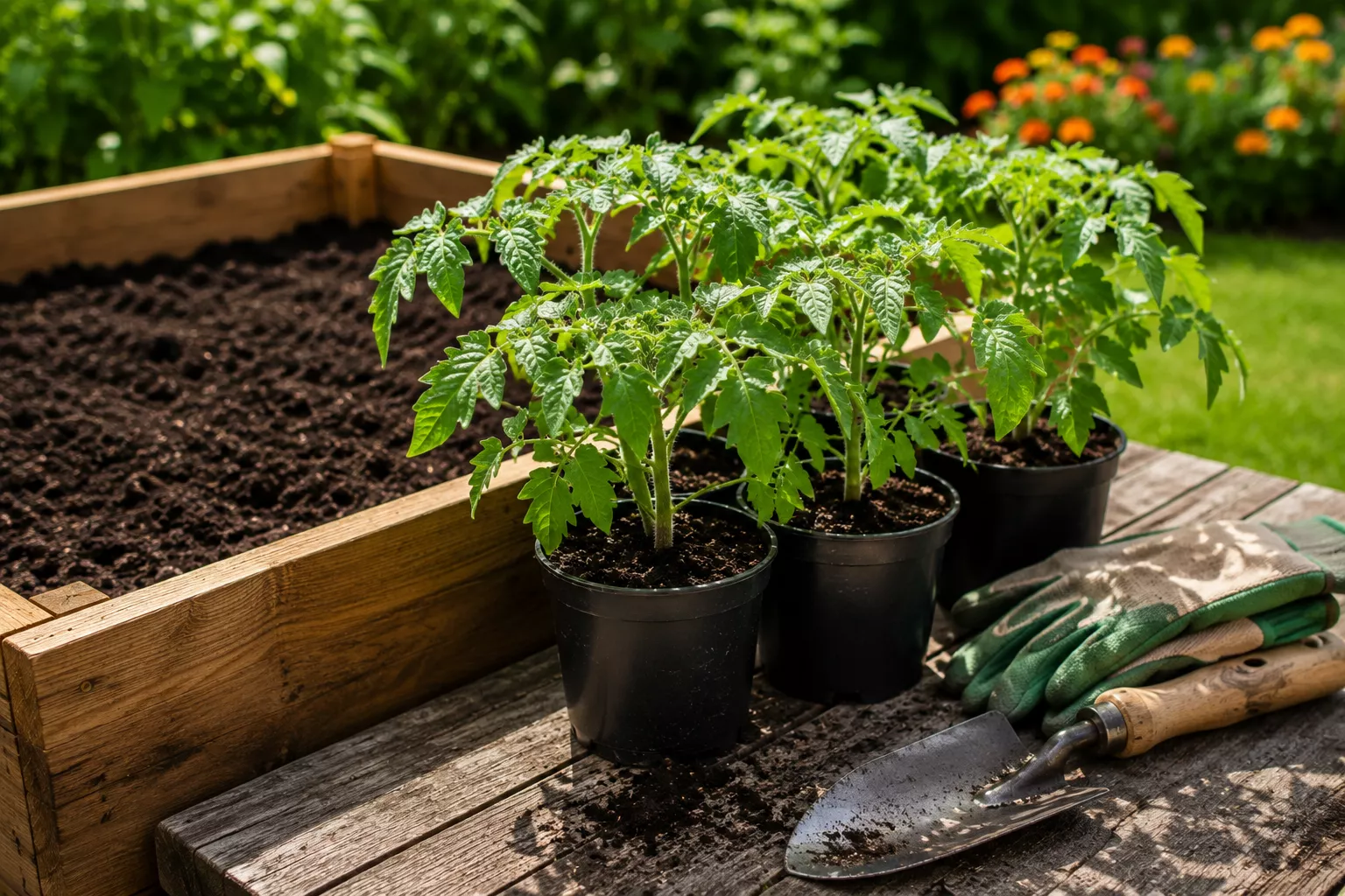 Healthy tomato seedlings ready to be planted in a raised bed.