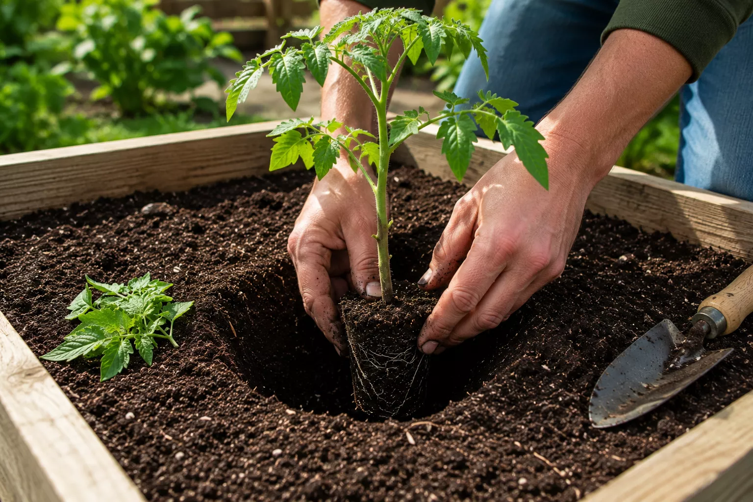 Tomato seedling being planted deeply in a raised bed.