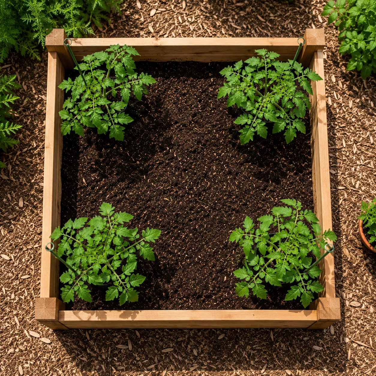 Four tomato plants spaced evenly in a square raised bed.