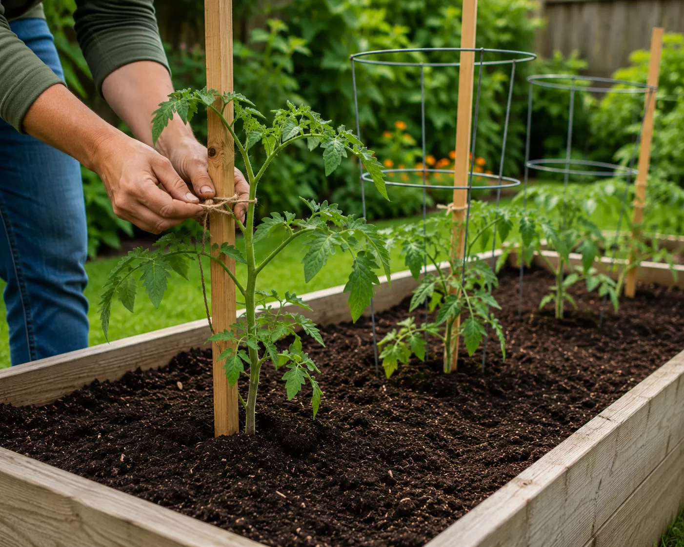 Young tomato plants in a raised bed with stakes and cages installed.