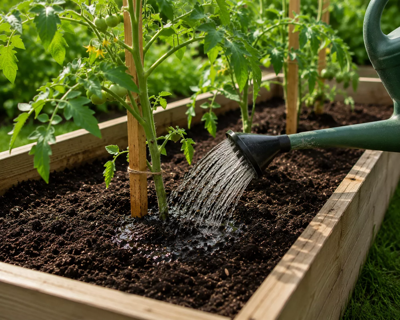Watering tomato plants at the base in a raised bed.