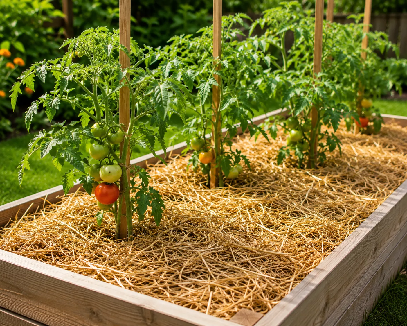 Tomato plants in a raised bed with straw mulch around them.