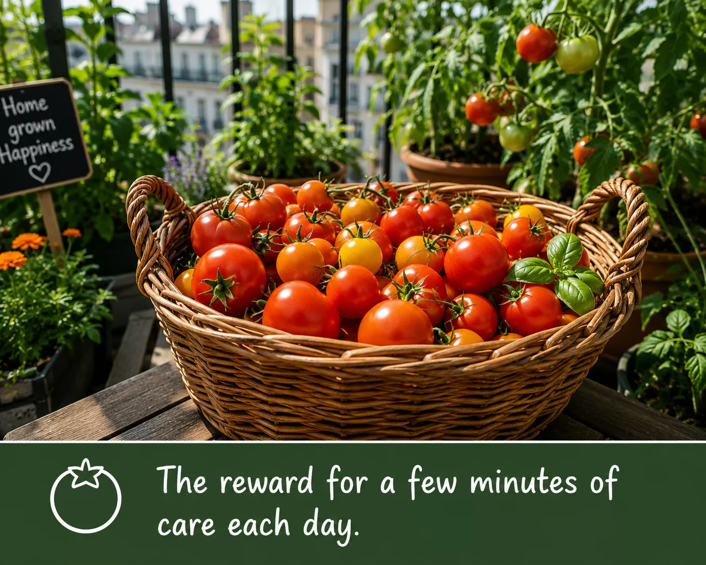 A basket full of harvested tomatoes