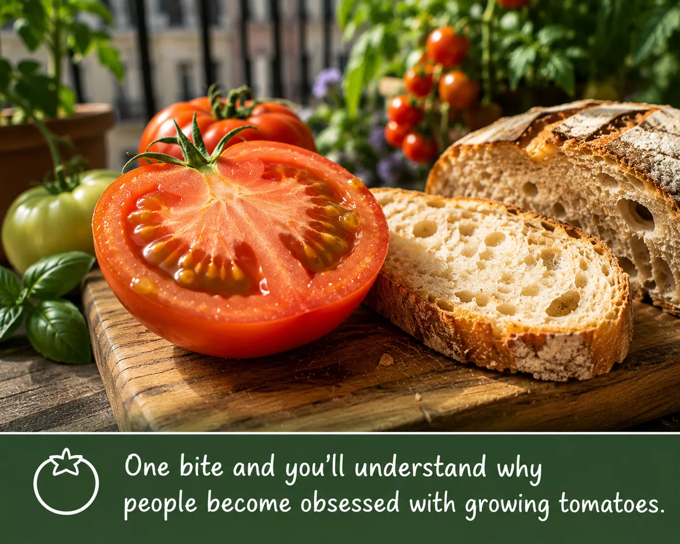 A sliced tomato next to fresh sourdough bread