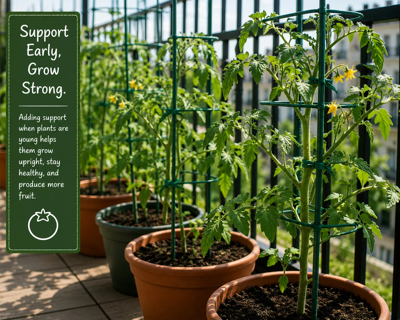 Tomato plants being supported by trellises