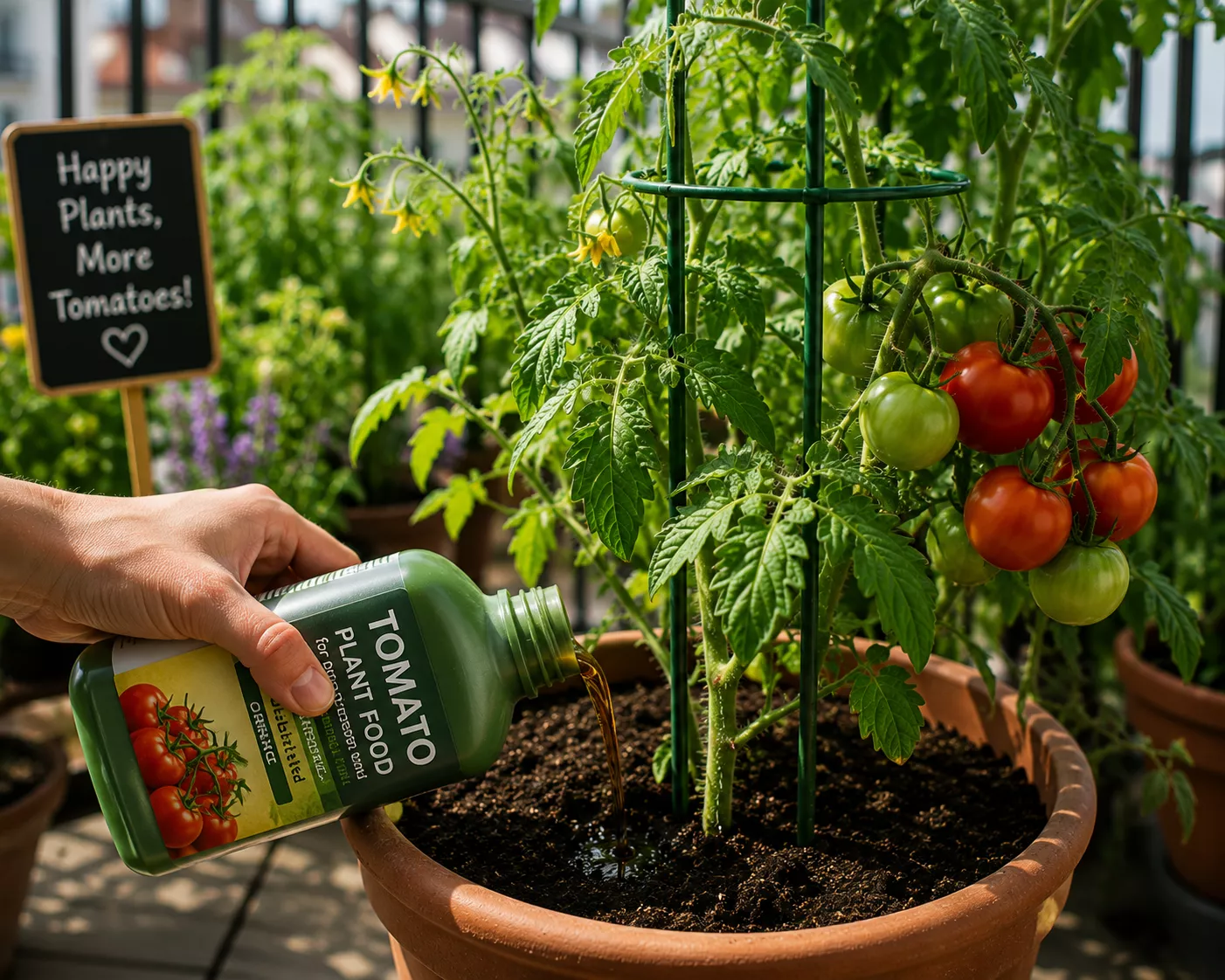 Tomato plant being given fertilizer