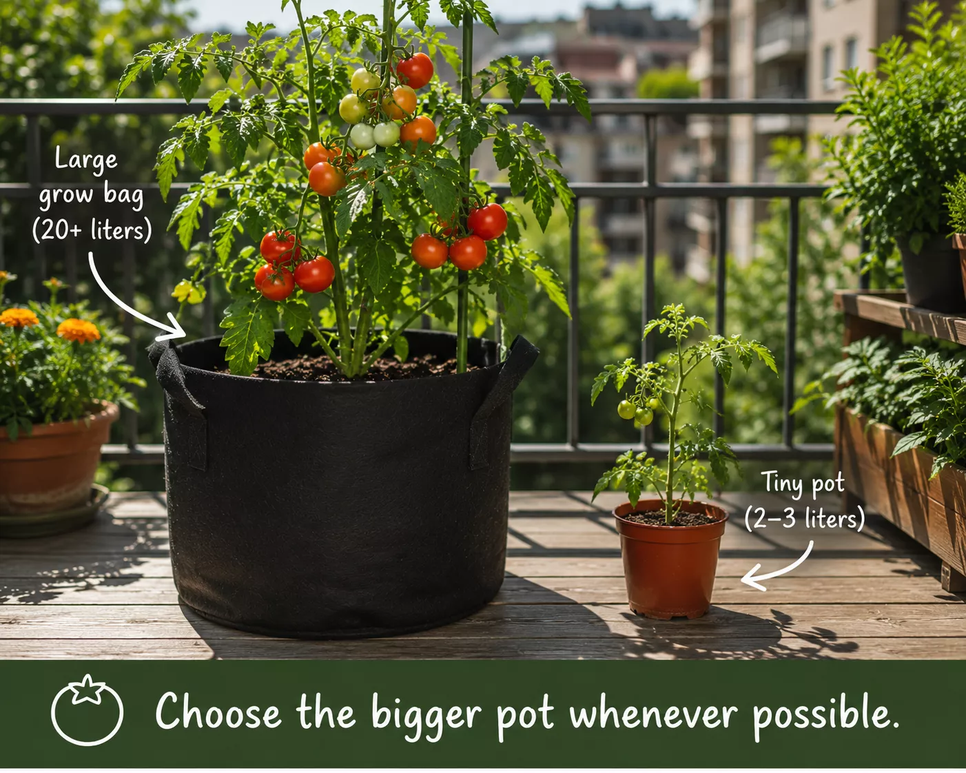 Large tomato containers on a balcony