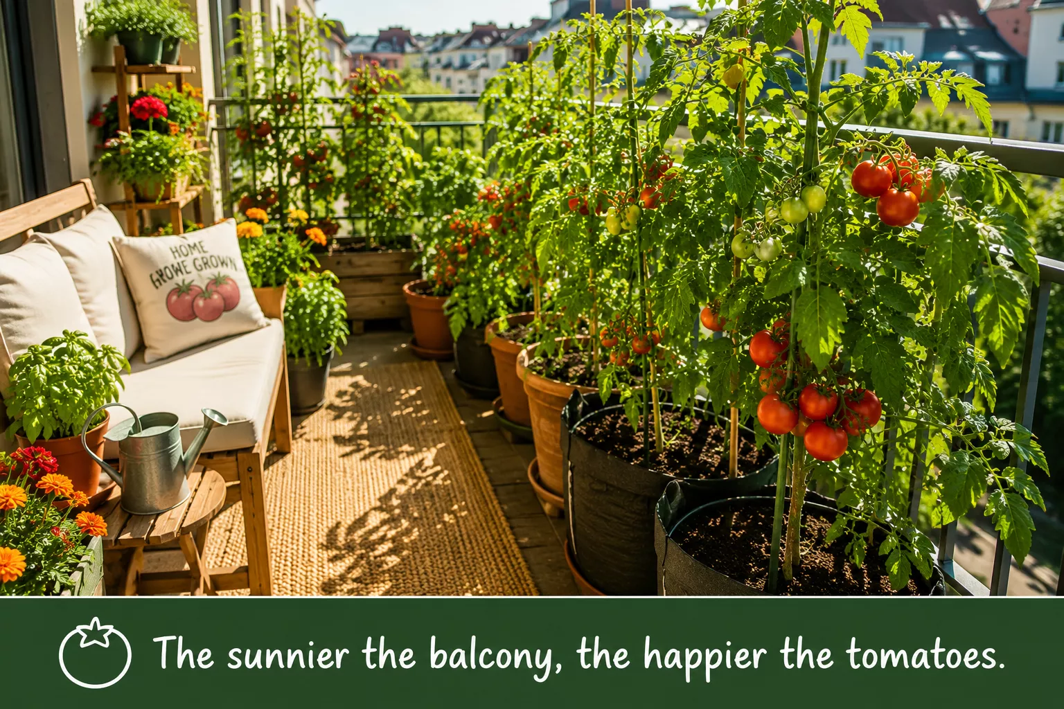 Beautiful south-facing balcony packed with tomato plants