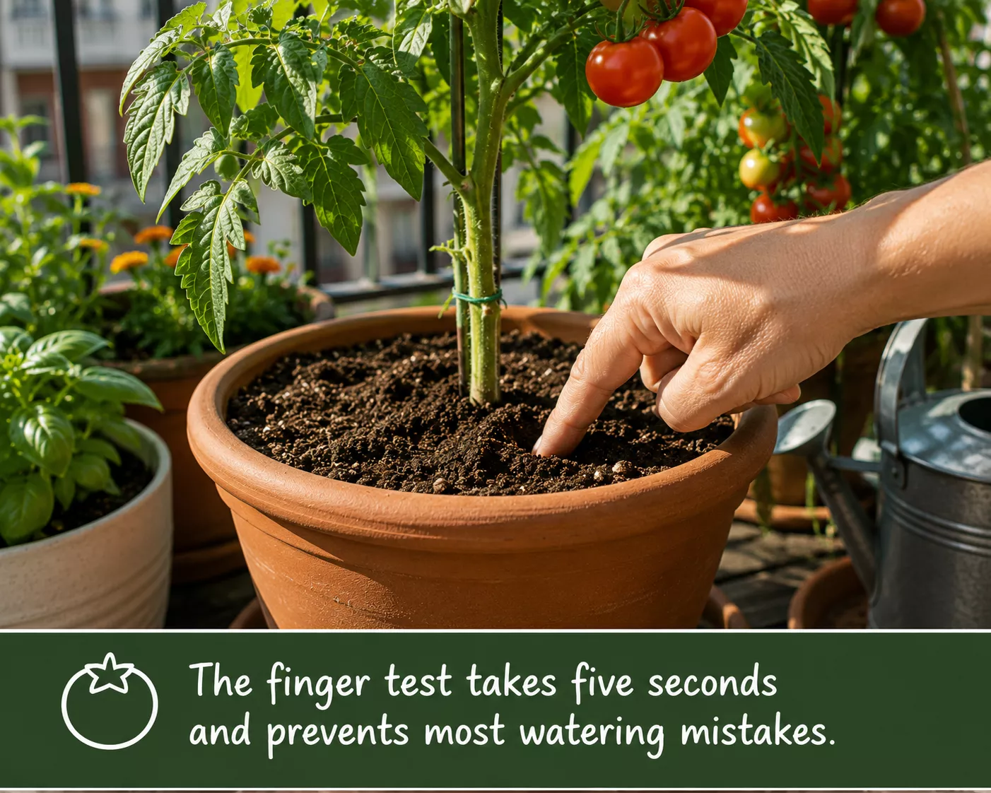 Checking tomato soil moisture with finger