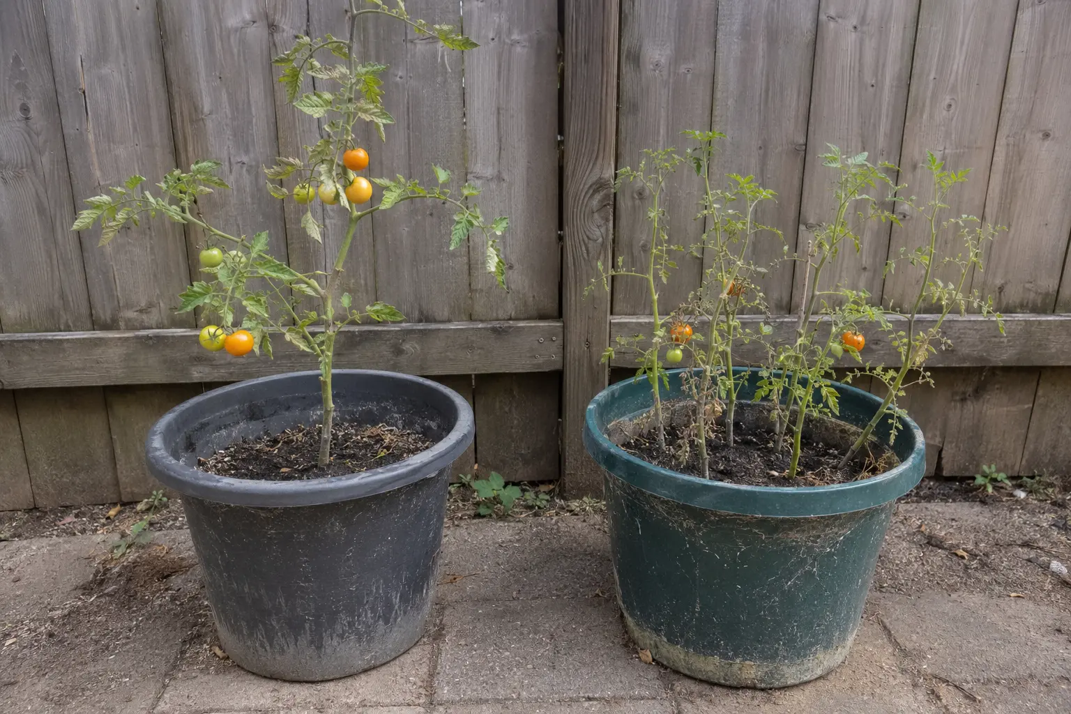 One healthy potted tomato compared with several overcrowded tomato plants