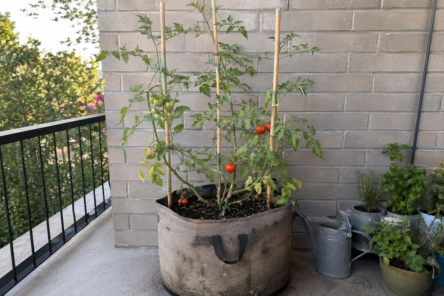 Tall indeterminate tomato supported in a large container