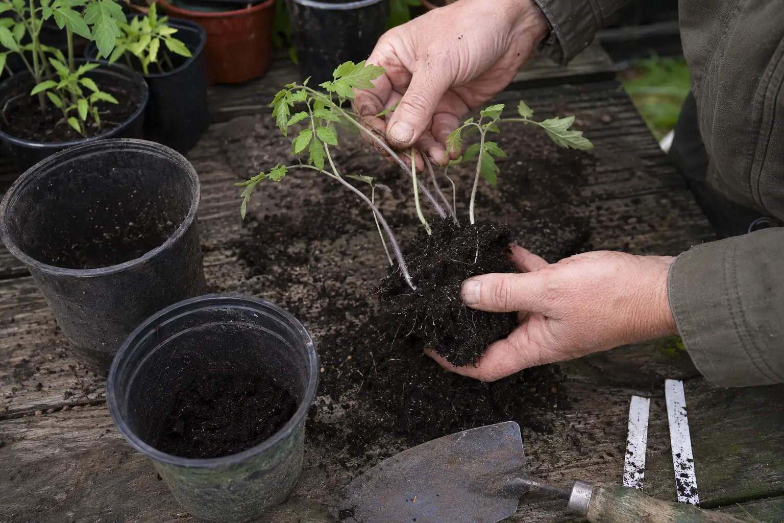 Gardener carefully separating crowded young tomato seedlings