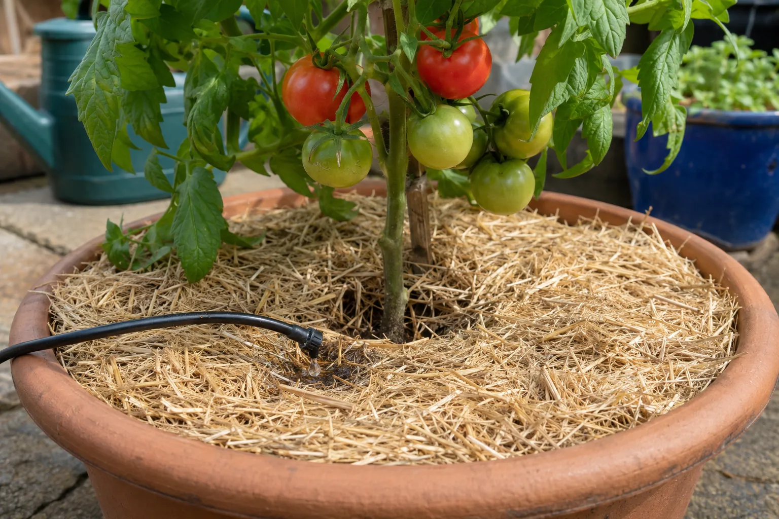Potted tomato plant with mulch and drip irrigation