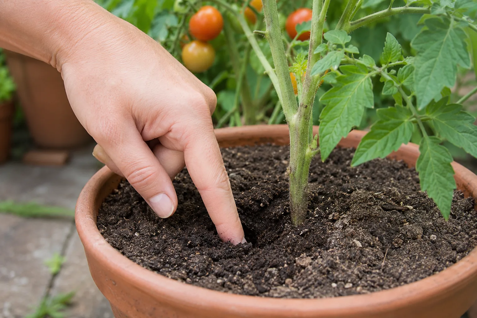 Checking the compost of a potted tomato using the finger test