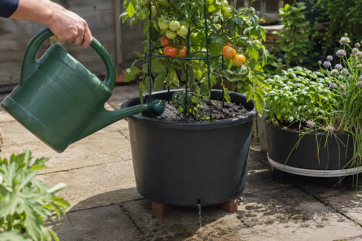 Deeply watering a tomato plant until water drains from the pot