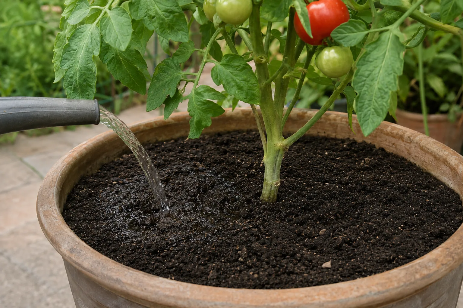 Watering a potted tomato directly at the base of the plant