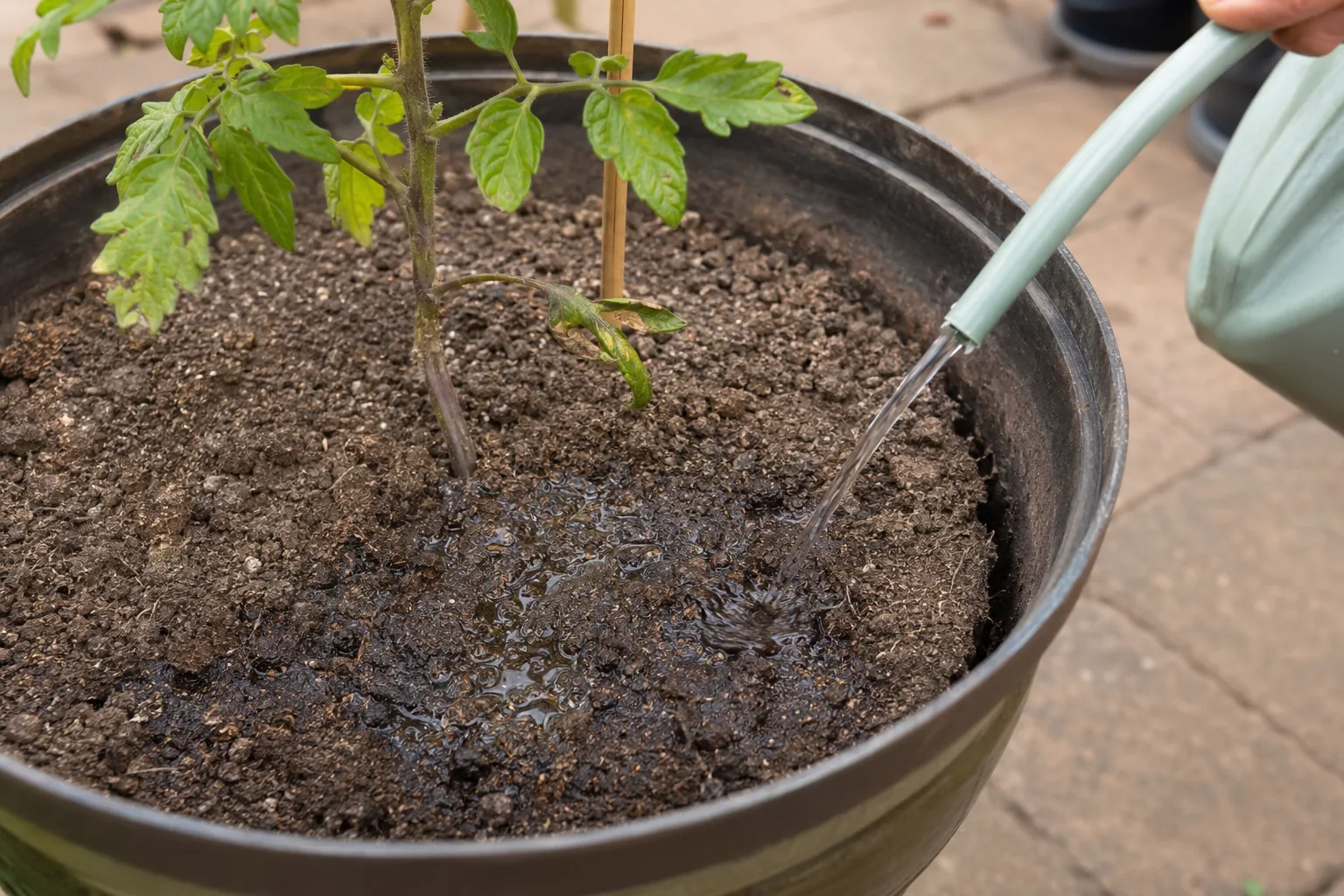 Slowly rehydrating dry compost in a tomato container