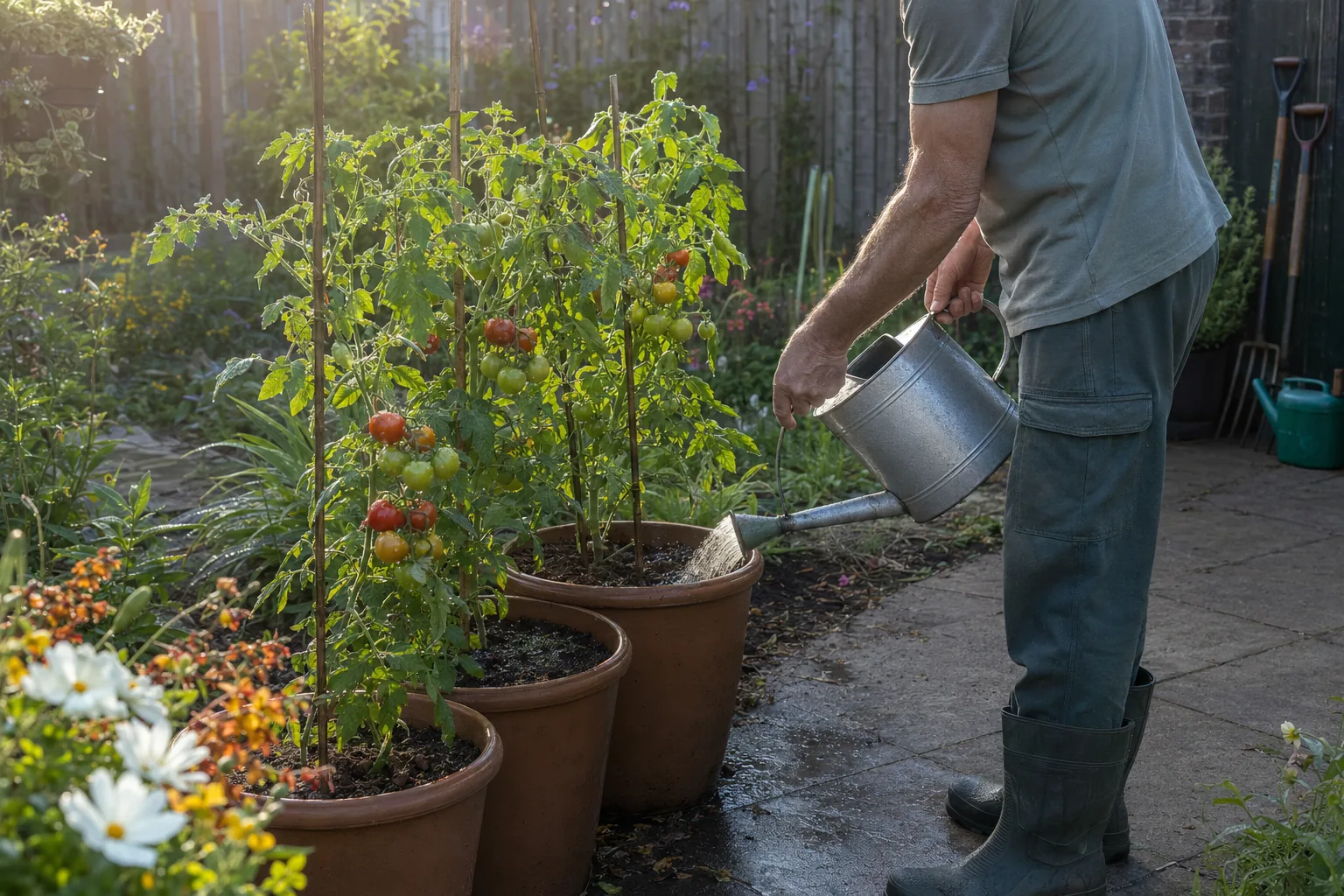 Watering tomato plants in pots early in the morning