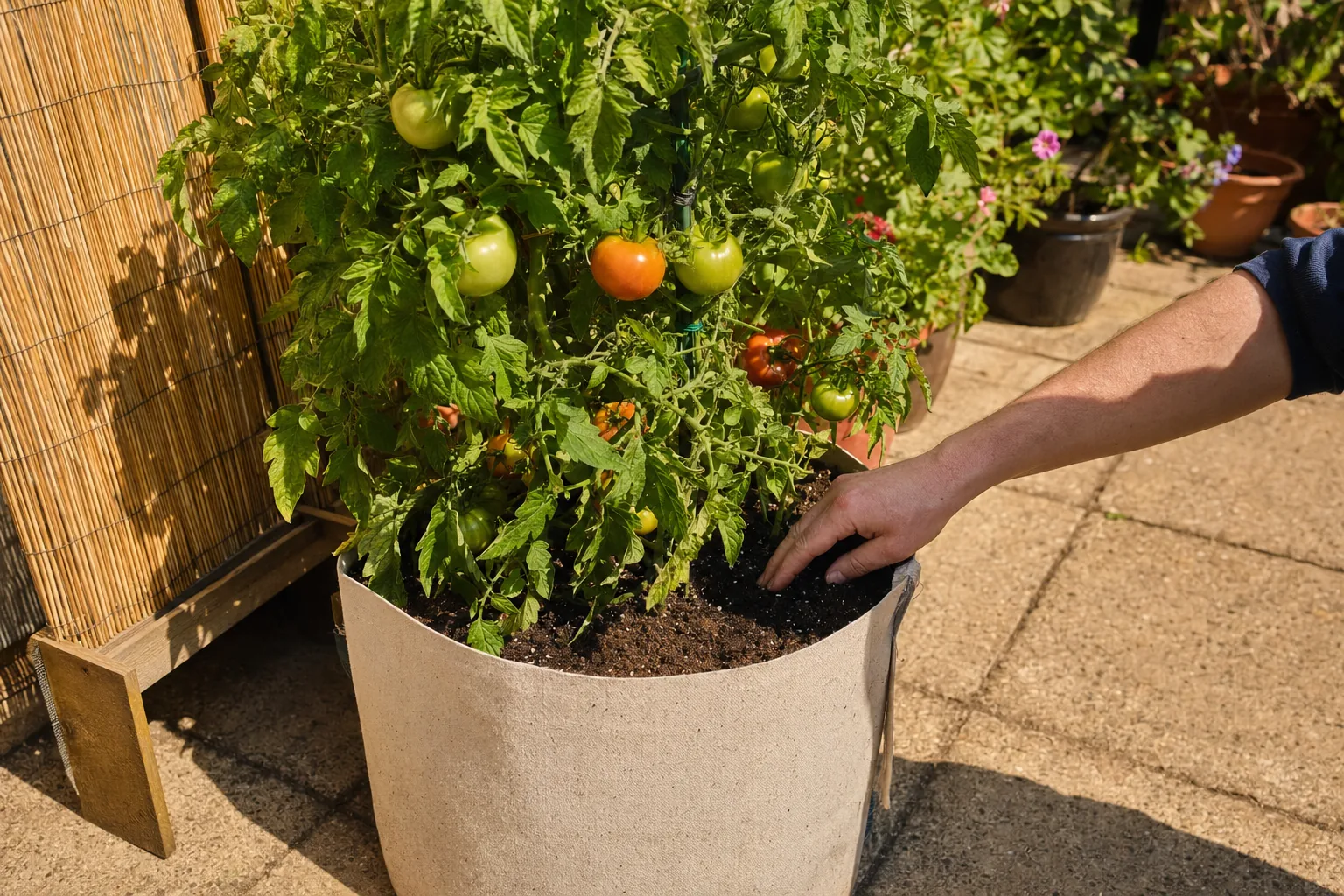 Checking a potted tomato plant for water during hot weather