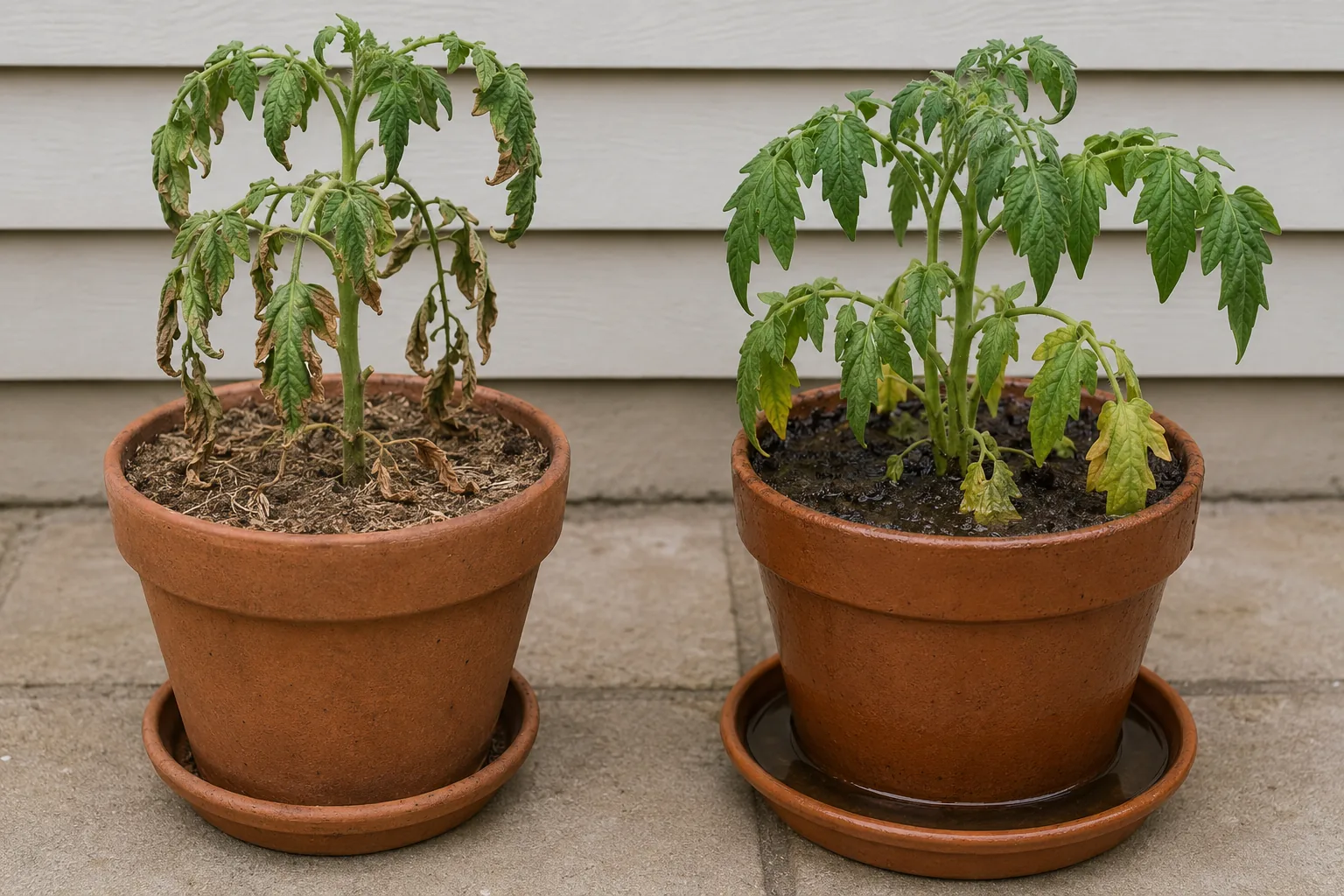 Comparison of underwatered and overwatered tomato plants in pots