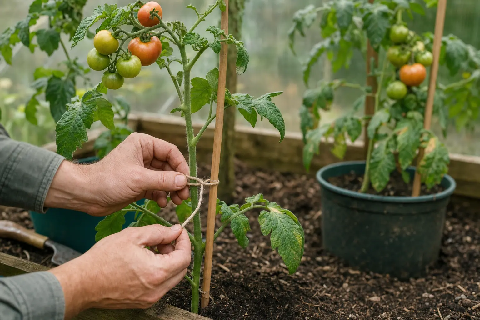 A cordon tomato main stem loosely tied to a cane inside a greenhouse.