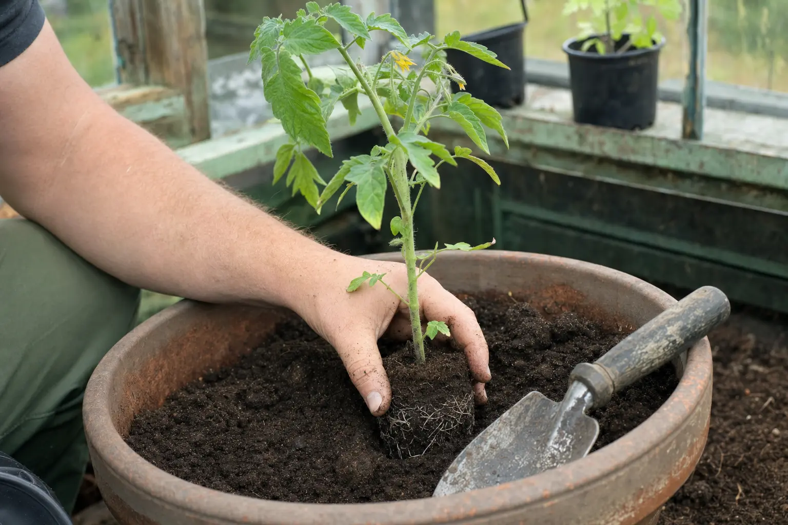 Planting a tomato seedling slightly deeper into fresh compost in a greenhouse container.
