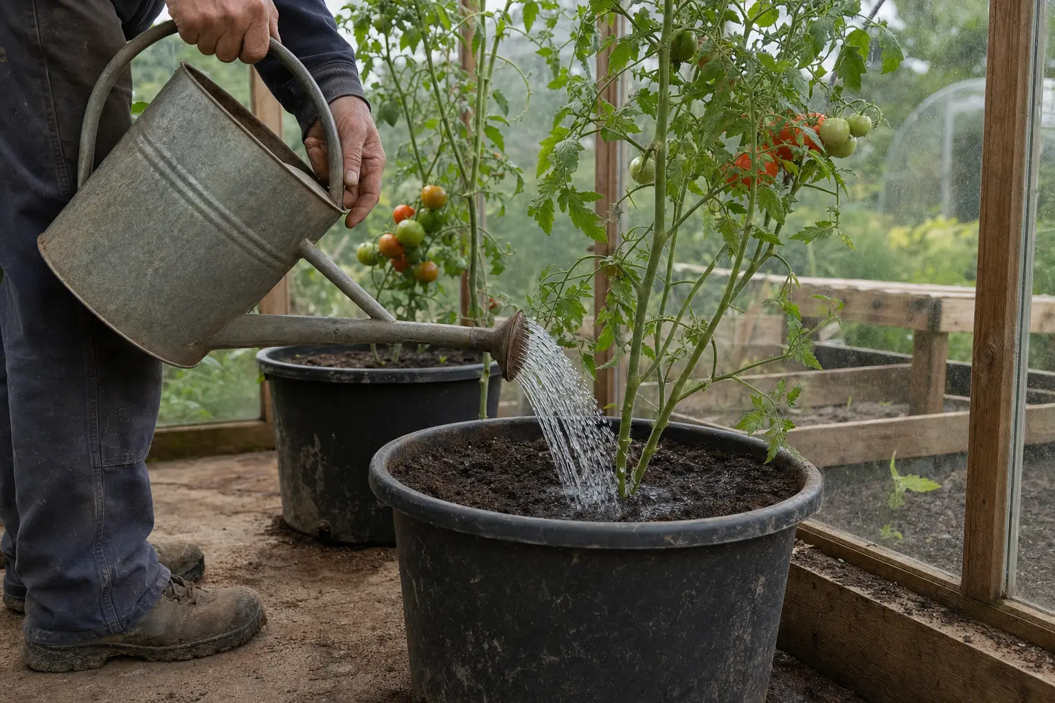 Watering a greenhouse tomato at the base with a steady stream onto the compost.