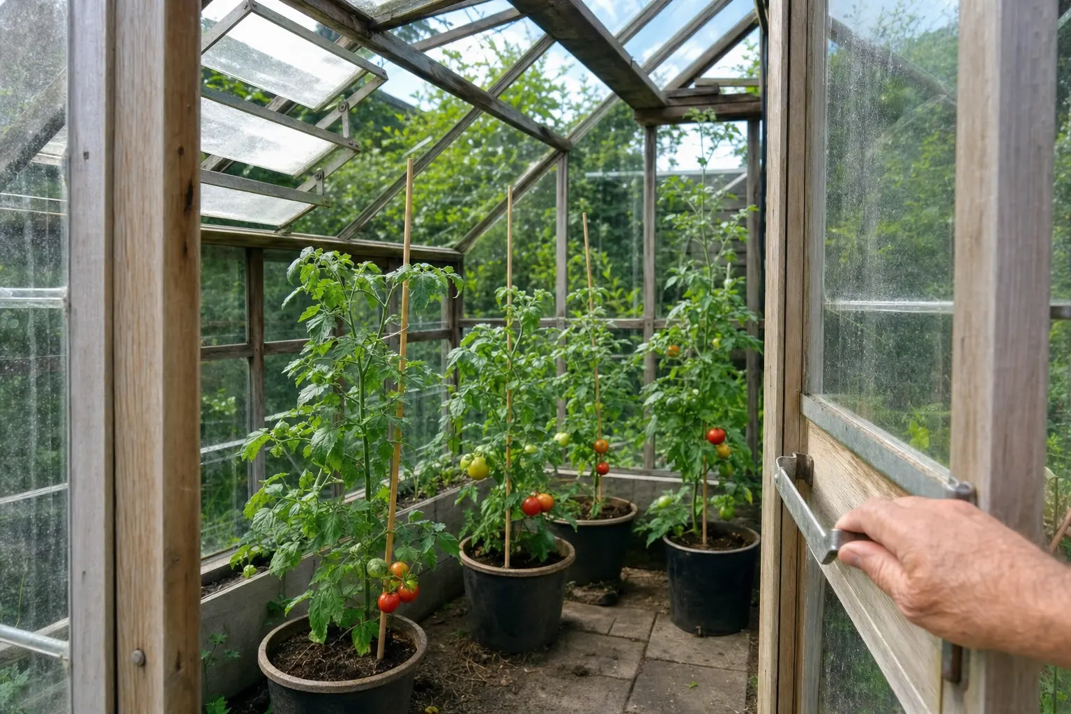 Greenhouse door and roof vents opened to keep tomato air moving in warm weather.