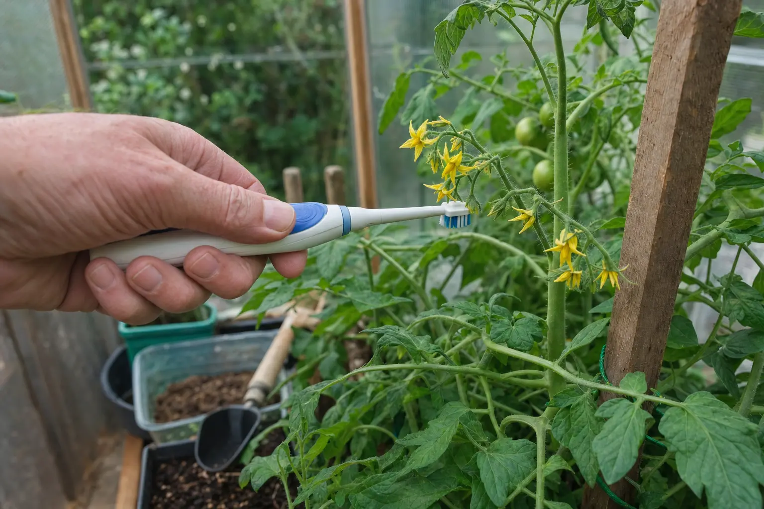 An electric toothbrush gently vibrates an open tomato flower truss for pollination.