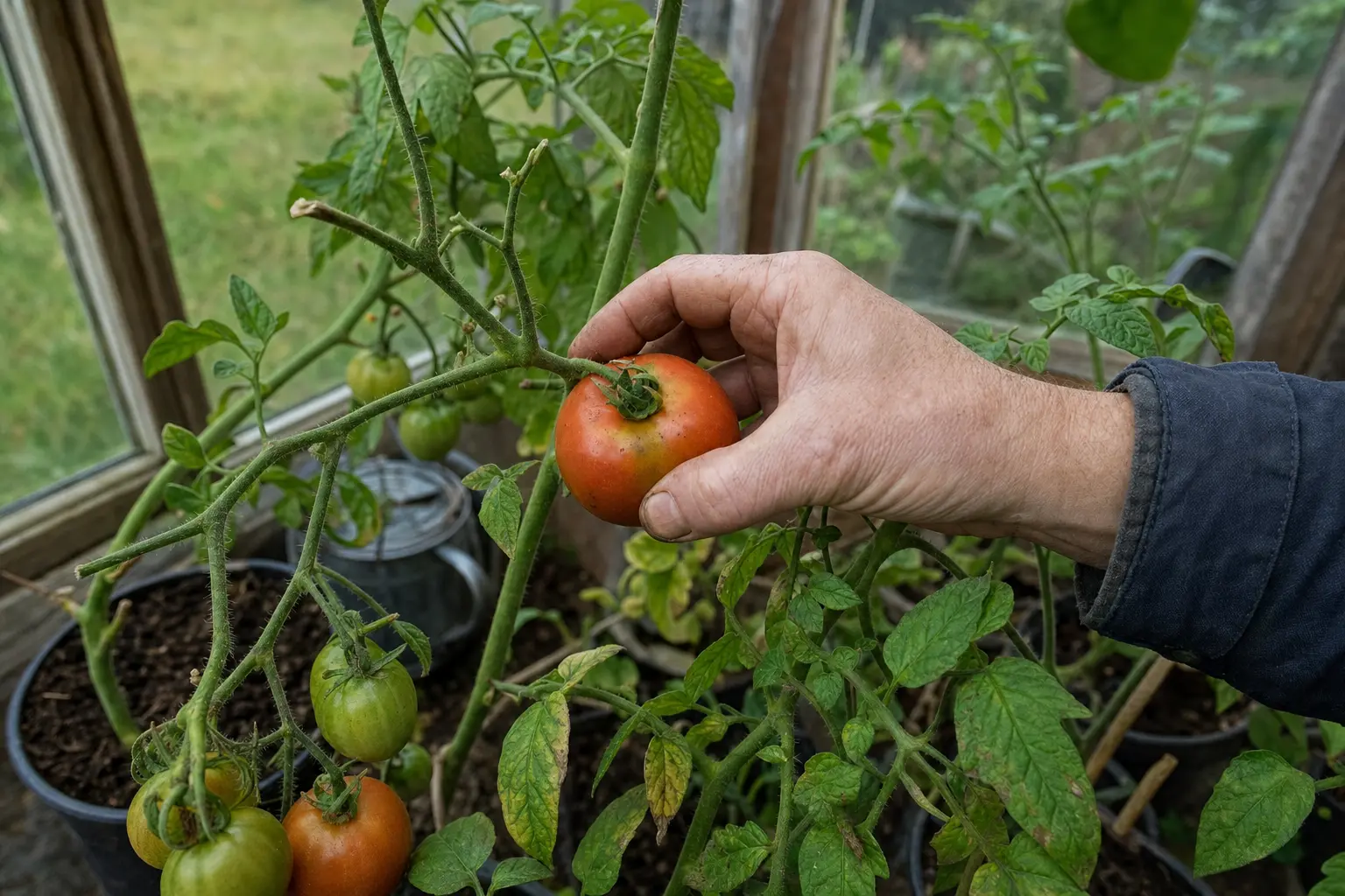Harvesting a ripe greenhouse tomato from the truss with a gentle twist.