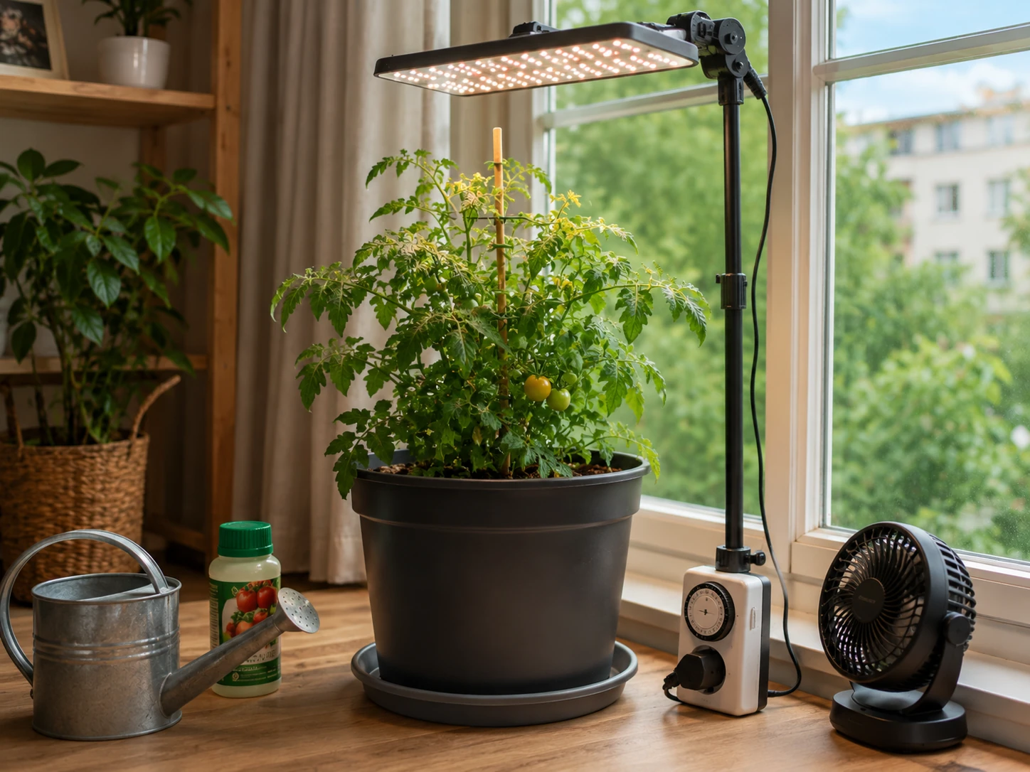 Simple beginner indoor tomato setup with grow light, timer, fan, watering can and fertiliser
