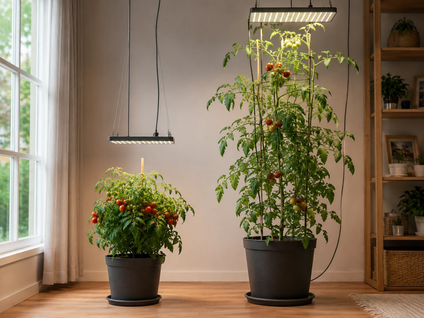 Compact dwarf tomato compared with a tall indeterminate tomato grown indoors