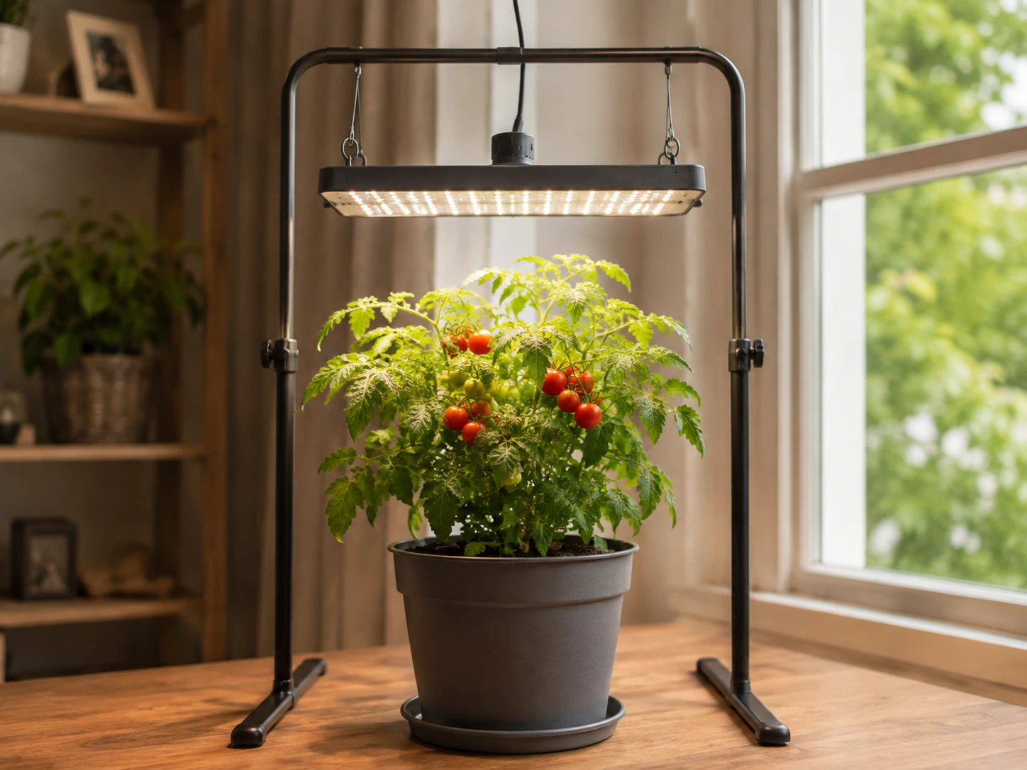 Compact indoor tomato plant growing beneath an adjustable LED grow light
