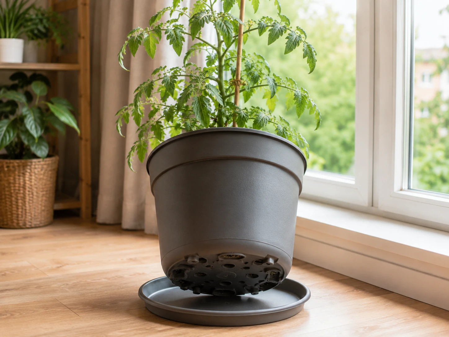Large indoor tomato container showing drainage holes and a waterproof saucer
