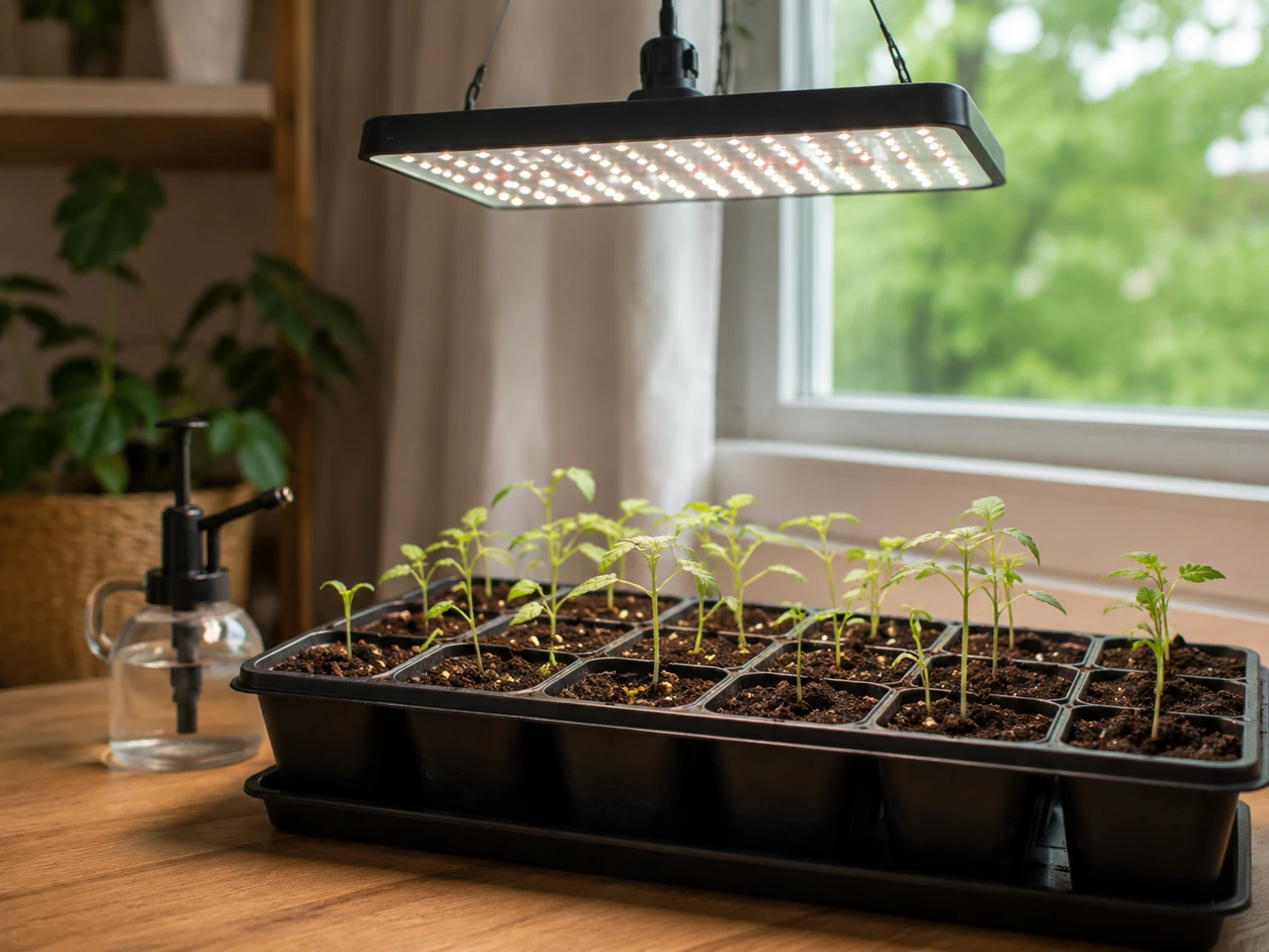 Young tomato seedlings growing indoors beneath an LED grow light