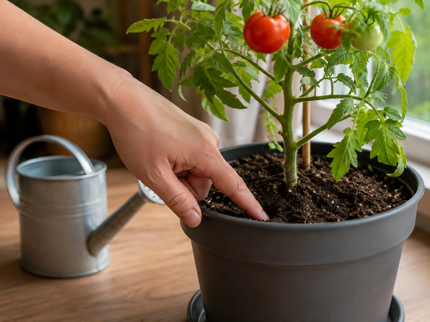 Checking indoor tomato potting mix with the finger test before watering