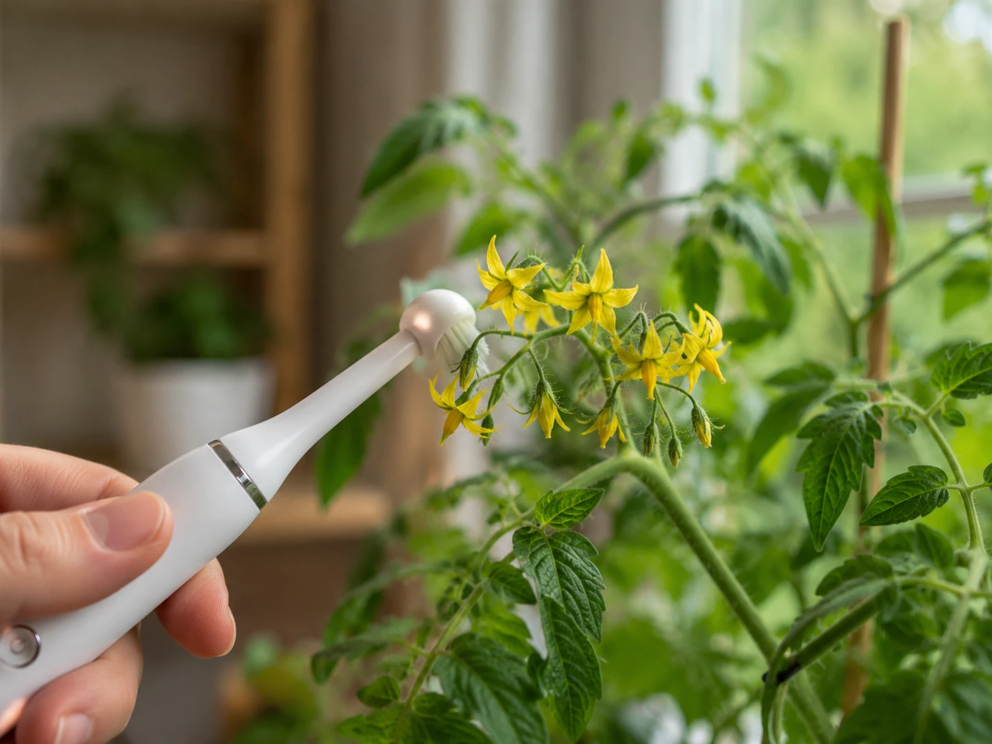Using an electric toothbrush to gently vibrate indoor tomato flowers for pollination