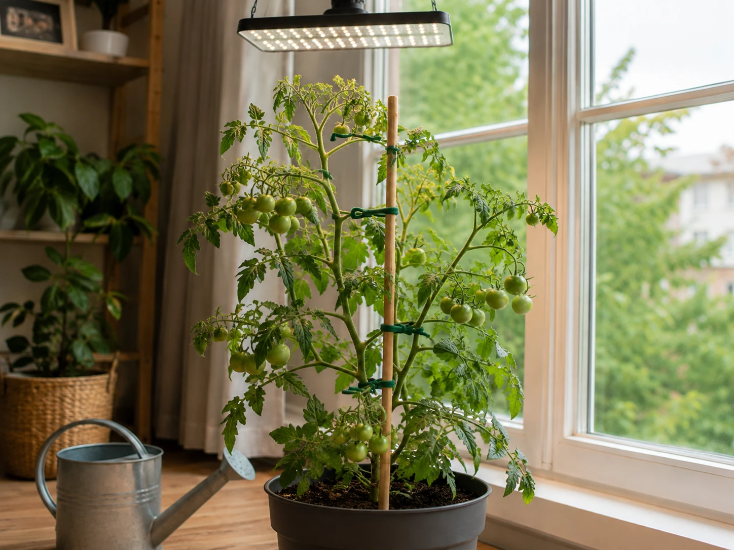 Indoor tomato plant supported with a bamboo stake and soft plant ties
