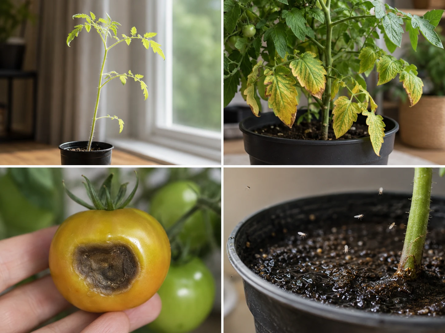 Common indoor tomato problems including leggy growth, yellow leaves, blossom end rot and fungus gnats