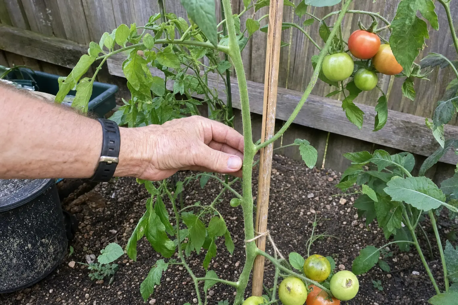 Close view of a cordon tomato showing the main stem and leaf axil area for pruning.