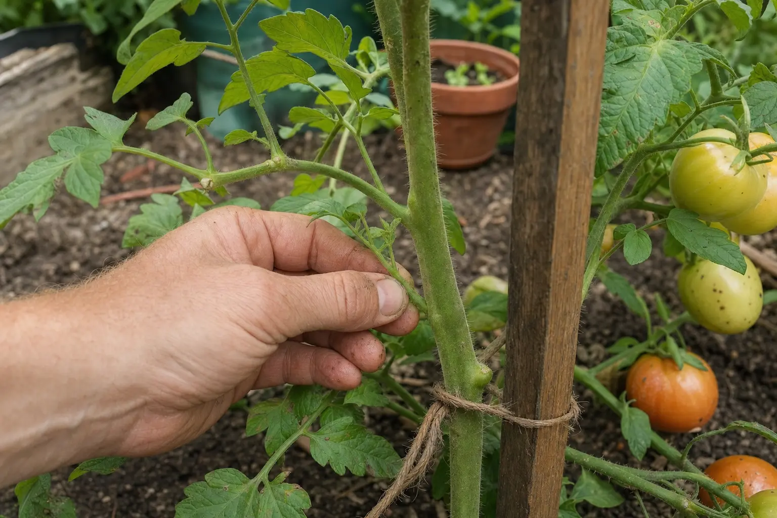 A small tomato sideshoot emerging from the leaf axil between the main stem and leaf stem.