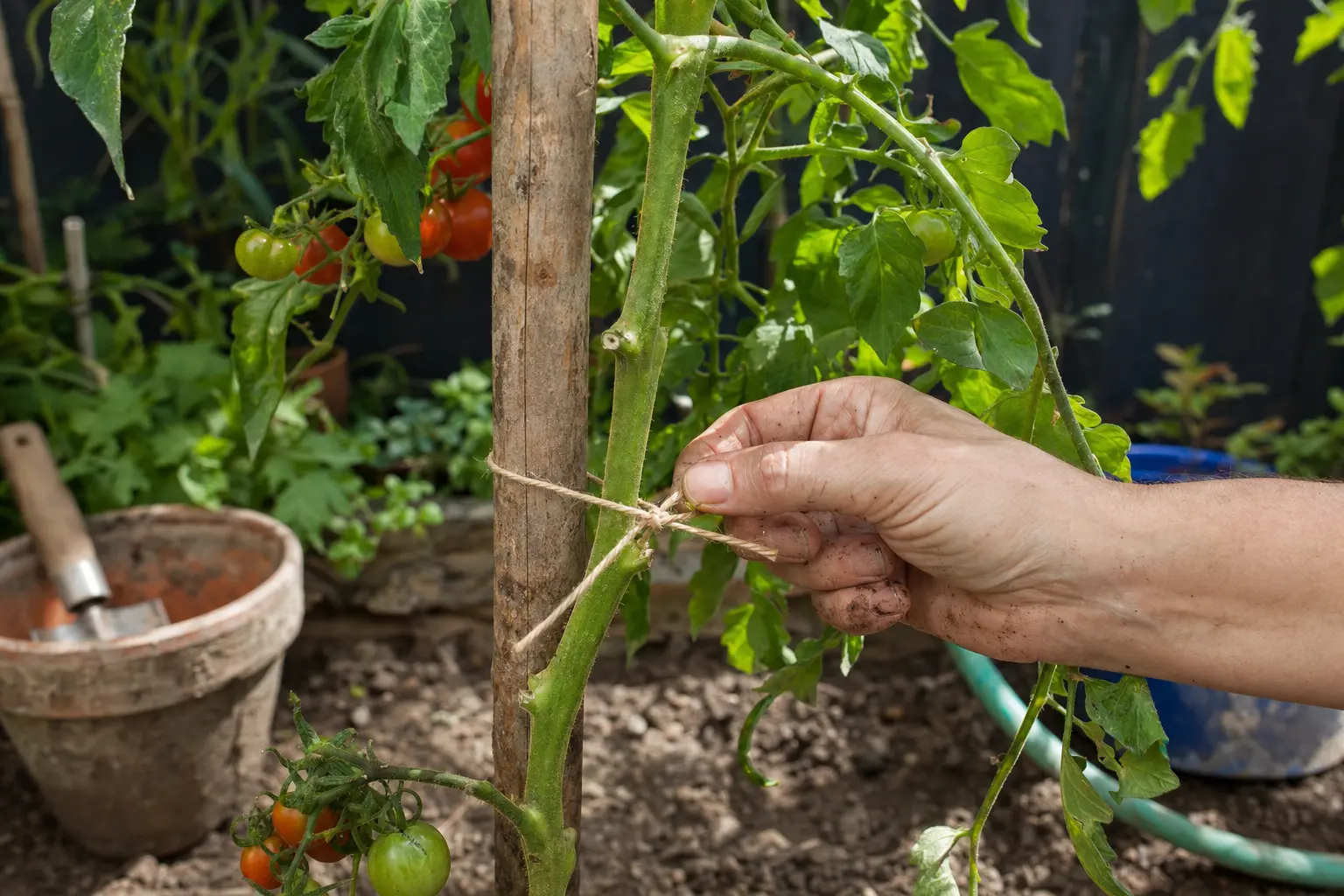 The main stem of a cordon tomato being tied loosely to a cane with twine.