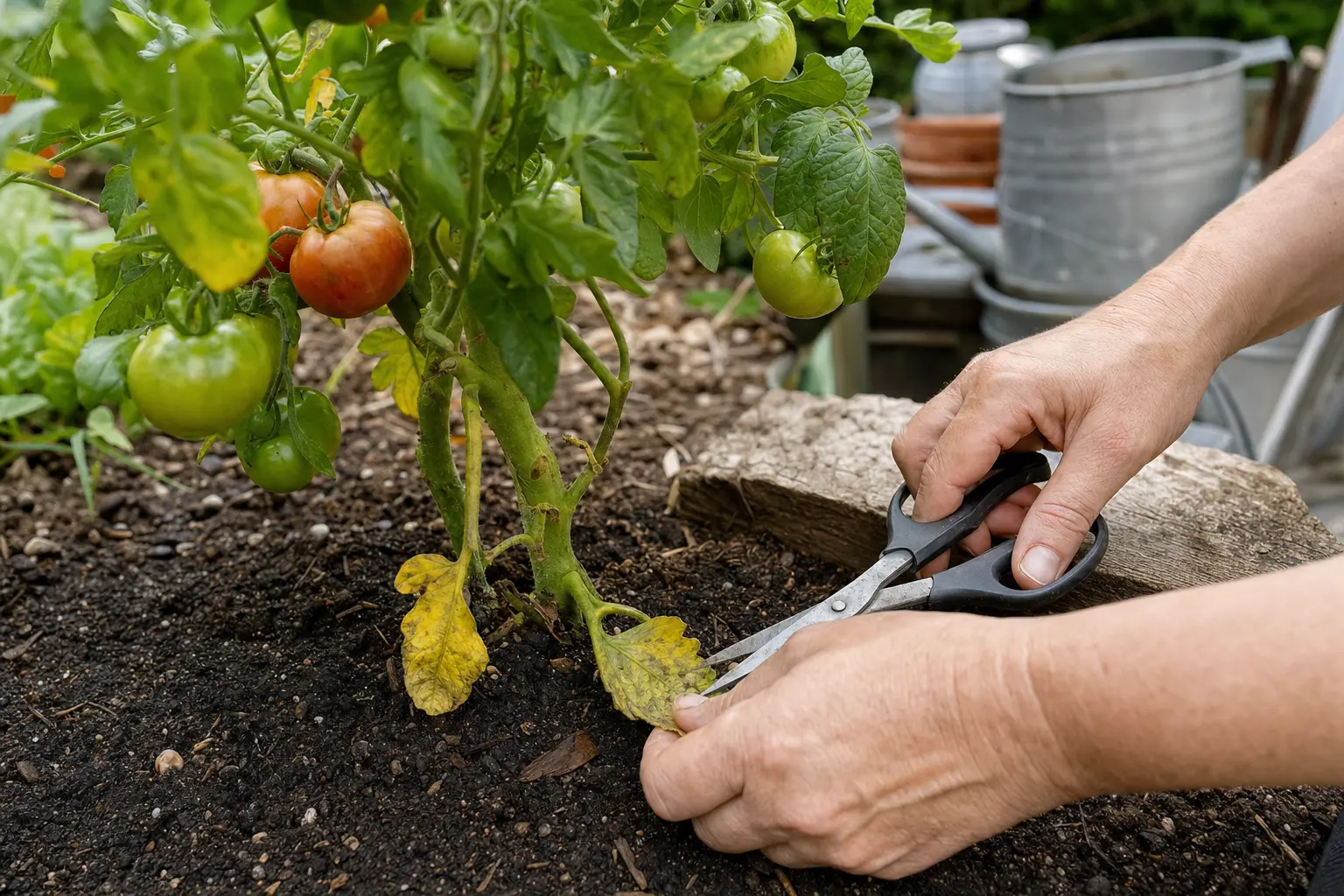 Low yellowing tomato leaves being removed because they touch the soil.