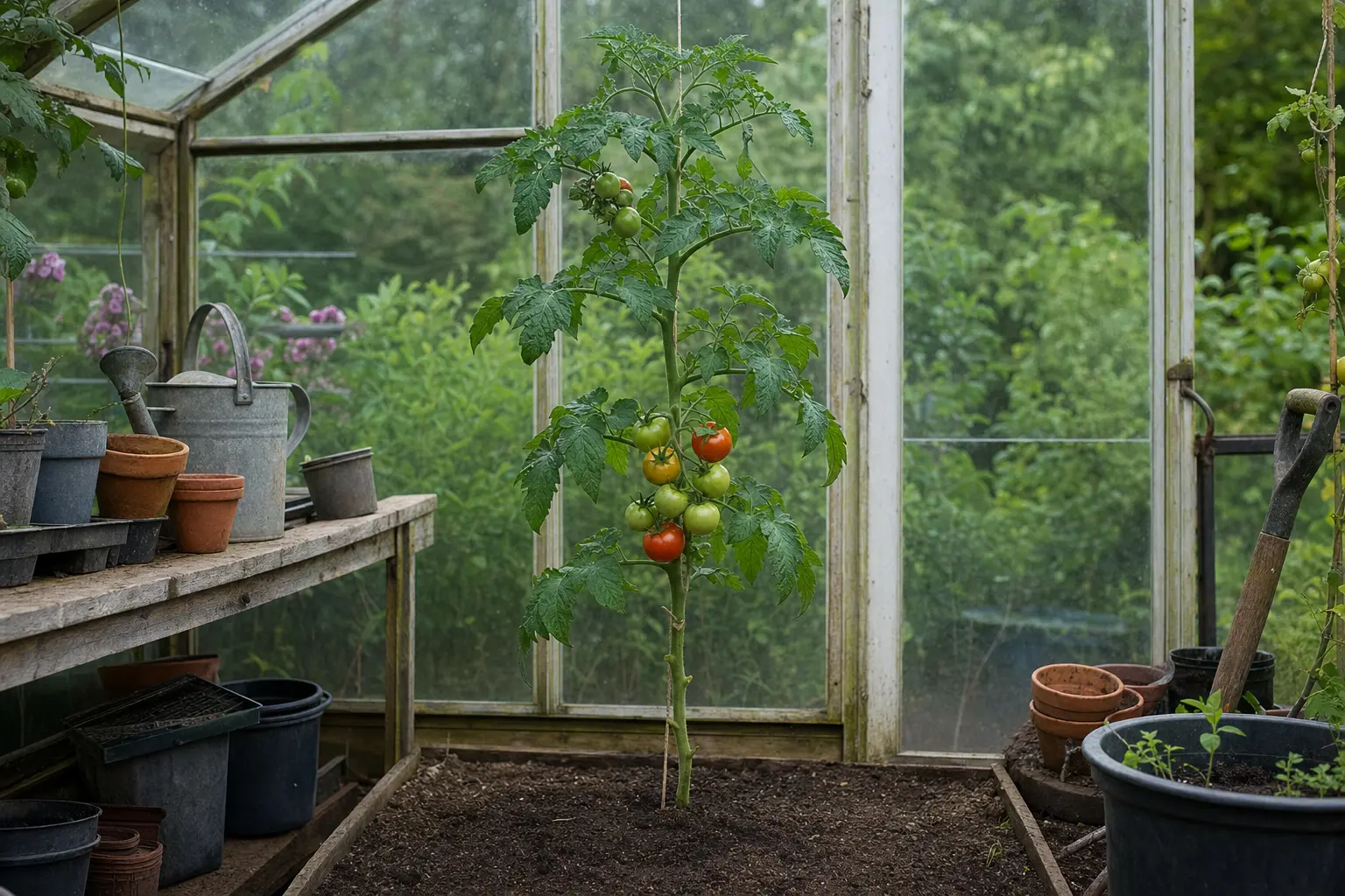 A cordon tomato trained to one main stem on a cane with sideshoots removed and low leaves tidied.