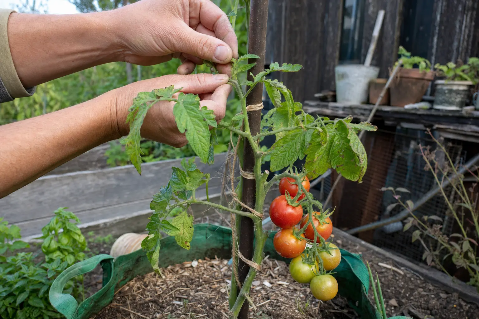 Topping a cordon tomato by cutting off the growing tip above the final fruit truss.