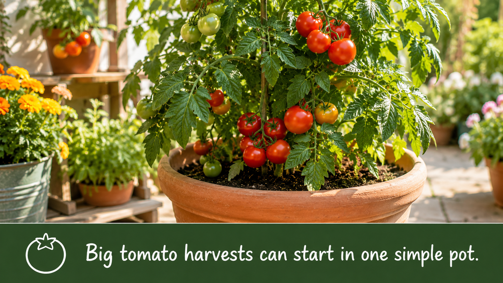 Tomatoes growing in a large pot on a sunny patio
